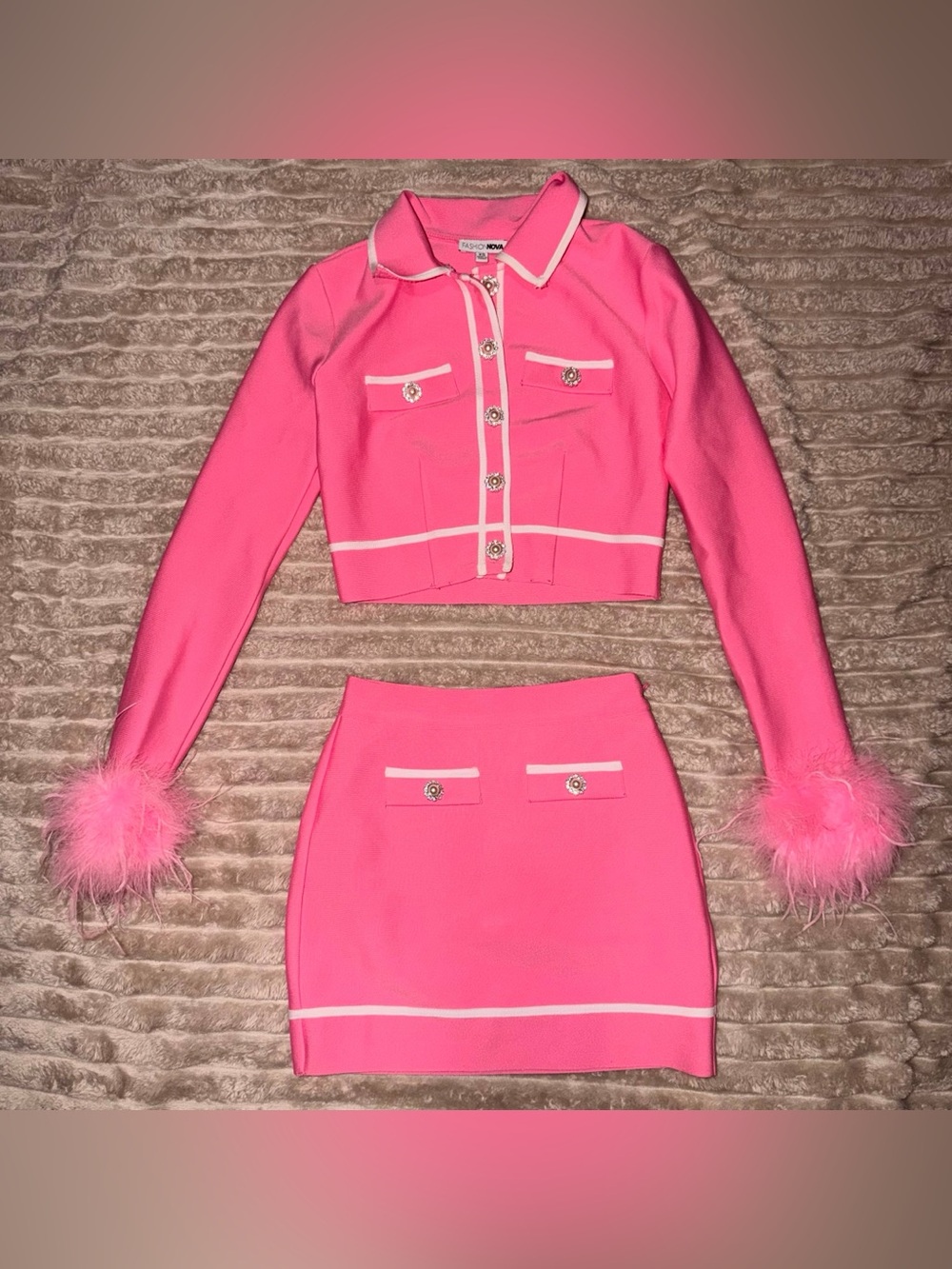 Fashion Nova Hot Pink Feather Cuff Cropped Jacket & Mini Skirt Set